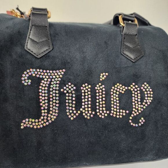 Juicy Couture Bag Obsession Satchel Black Velour Velvet Rhinestone Purse Handbag - Picture 11 of 14
